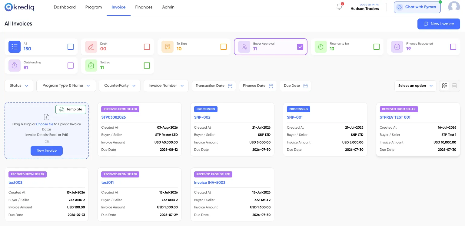 Krediq buyer portal: invoices filtered to those awaiting buyer approval.