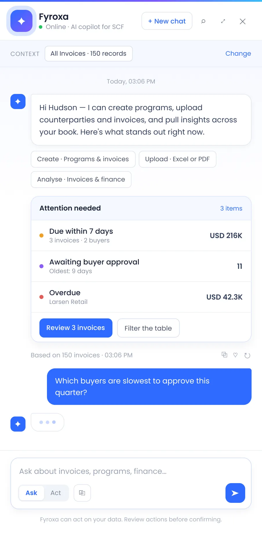 Fyroxa copilot in Krediq: a summary of invoices due within 7 days, awaiting buyer approval and overdue, with a question about slow-approving buyers.