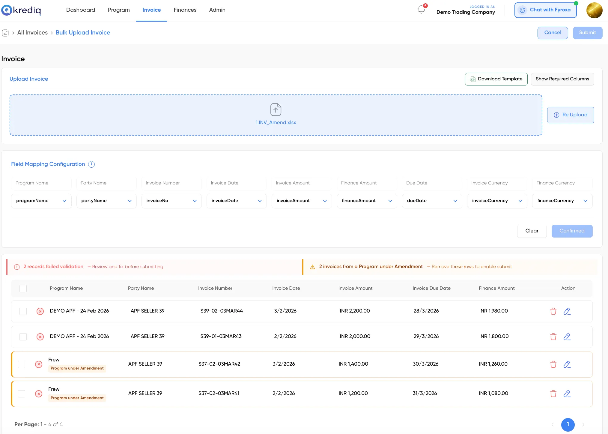 Krediq supplier portal: a bulk invoice upload with field mapping and validation of each row.